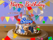 Happy Birthday Sean GIF: Happy Birthday Cake GIF with a cat, lamb, and squirrel on the cake with flickering candles, a sparkler, and falling confetti. Reads Happy Birthday Name and you can customize the name