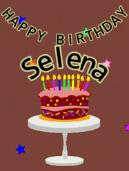 Happy Birthday Selena GIF: Animated birthday gif of a chocolate cartoon cake and stars. Animated text can be customized with name.