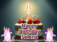 Happy Birthday Selena GIF: An animated gif with 2 unicorns and a birthday candle on a cake.