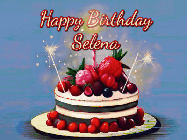 Happy Birthday Selena GIF: Animated GIF of a birthday cake covered in berries with 2 sparklers and a candle, reads Happy Birthday Name. Customize it.