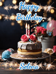 Happy Birthday Selena GIF: Sparkles and glitter happy birthday gif with a cake and flickering candles and sparklers behind the words happy birthday customize