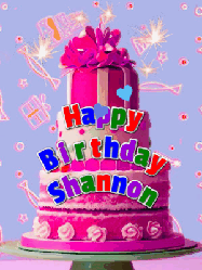 Happy Birthday Shannon GIF: A big beautiful birthday cake gif with falling confetti, sparklers, and balloons, reads Happy Birthday Name. Customize it.
