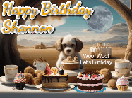 Happy Birthday Shannon GIF: Animated birthday gif with a dog at a fancy birthday table loaded with cakes as hearts appear. It reads Happy Birthday Customize.