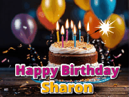 Happy Birthday Sharon GIF: A birthday cake with flickering candles gif with text reading Happy Birthday and a Name slot to customize