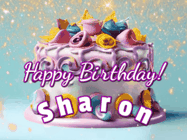 Happy Birthday Sharon GIF: A beautiful birthday cake gif with animated sparkles and glitter Happy Birthday Name you can customize