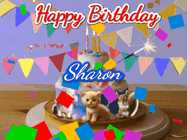 Happy Birthday Sharon GIF: Happy Birthday Cake GIF with a cat, lamb, and squirrel on the cake with flickering candles, a sparkler, and falling confetti. Reads Happy Birthday Name and you can customize the name