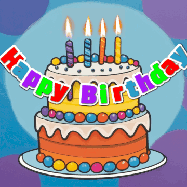 Happy Birthday Shawn GIF: Festive birthday cake GIF with name, stars, hearts, and confetti streaking past and flickering candles.