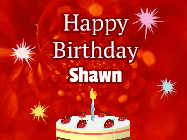 Happy Birthday Shawn GIF: A bright red happy birthday gif animated with a cake candle, and glitter and sparkles. Customize with name.