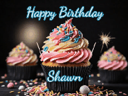 Happy Birthday Shawn GIF: A delicious cupcake gif with animated sparkles reading Happy Birthday with a name to customize