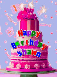 Happy Birthday Shawn GIF: A big beautiful birthday cake gif with falling confetti, sparklers, and balloons, reads Happy Birthday Name. Customize it.