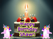 Happy Birthday Shawn GIF: An animated gif with 2 unicorns and a birthday candle on a cake.