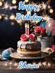 Happy Birthday Shawn GIF: Sparkles and glitter happy birthday gif with a cake and flickering candles and sparklers behind the words happy birthday customize