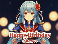 Happy Birthday Shawn GIF: Anime girl holding a birthday cake and an animated sword falls into it. Text reads Happy Birthday Customize