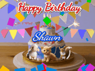 Happy Birthday Shawn GIF: Happy Birthday Cake GIF with a cat, lamb, and squirrel on the cake with flickering candles, a sparkler, and falling confetti. Reads Happy Birthday Name and you can customize the name