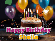 Happy Birthday Sheila GIF: A birthday cake with flickering candles gif with text reading Happy Birthday and a Name slot to customize