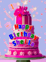 Happy Birthday Sheila GIF: A big beautiful birthday cake gif with falling confetti, sparklers, and balloons, reads Happy Birthday Name. Customize it.
