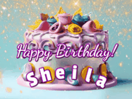 Happy Birthday Sheila GIF: A beautiful birthday cake gif with animated sparkles and glitter Happy Birthday Name you can customize