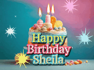 Happy Birthday Sheila GIF: A colorful animated Happy Birthday Cake GIF with swirling sparkles and flickering candles. It reads Happy Birthday Name
