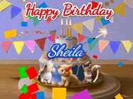 Happy Birthday Sheila GIF: Happy Birthday Cake GIF with a cat, lamb, and squirrel on the cake with flickering candles, a sparkler, and falling confetti. Reads Happy Birthday Name and you can customize the name