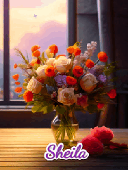 Happy Birthday Sheila GIF: A vase of flowers and animated hearts pop in and out as the words Happy Birthday Name appears that you can customize