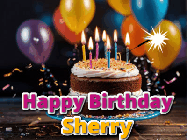 Happy Birthday Sherry GIF: A birthday cake with flickering candles gif with text reading Happy Birthday and a Name slot to customize