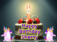 Happy Birthday Sherry GIF: An animated gif with 2 unicorns and a birthday candle on a cake.