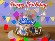 Happy Birthday Sherry GIF: Happy Birthday Cake GIF with a cat, lamb, and squirrel on the cake with flickering candles, a sparkler, and falling confetti. Reads Happy Birthday Name and you can customize the name