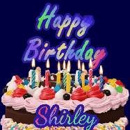 Happy Birthday Shirley GIF: A dark blue birthday gif with a beautiful cake with flickering candles, background sparkles and a name to customize.