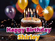 Happy Birthday Shirley GIF: A birthday cake with flickering candles gif with text reading Happy Birthday and a Name slot to customize