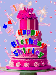 Happy Birthday Shirley GIF: A big beautiful birthday cake gif with falling confetti, sparklers, and balloons, reads Happy Birthday Name. Customize it.