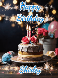 Happy Birthday Shirley GIF: Sparkles and glitter happy birthday gif with a cake and flickering candles and sparklers behind the words happy birthday customize