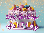 Happy Birthday Shirley GIF: A beautiful birthday cake gif with animated sparkles and glitter Happy Birthday Name you can customize