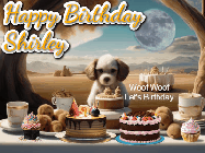 Happy Birthday Shirley GIF: Animated birthday gif with a dog at a fancy birthday table loaded with cakes as hearts appear. It reads Happy Birthday Customize.