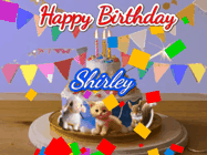 Happy Birthday Shirley GIF: Happy Birthday Cake GIF with a cat, lamb, and squirrel on the cake with flickering candles, a sparkler, and falling confetti. Reads Happy Birthday Name and you can customize the name