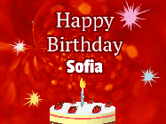 Happy Birthday Sofia GIF: A bright red happy birthday gif animated with a cake candle, and glitter and sparkles. Customize with name.