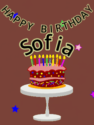 Happy Birthday Sofia GIF: Animated birthday gif of a chocolate cartoon cake and stars. Animated text can be customized with name.