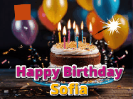 Happy Birthday Sofia GIF: A birthday cake with flickering candles gif with text reading Happy Birthday and a Name slot to customize