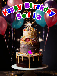 Happy Birthday Sofia GIF: Beautiful birthday cake animated gif, a celebration of balloons, confetti, and sparklers. Customize banner and name.
