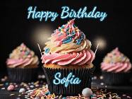 Happy Birthday Sofia GIF: A delicious cupcake gif with animated sparkles reading Happy Birthday with a name to customize