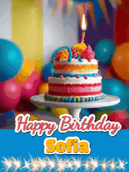Happy Birthday Sofia GIF: A birthday card gif with a cake and candle and a blue ribbon with animated sparklers. Reads Happy Birthday Name