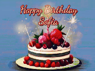 Happy Birthday Sofia GIF: Animated GIF of a birthday cake covered in berries with 2 sparklers and a candle, reads Happy Birthday Name. Customize it.