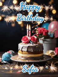 Happy Birthday Sofia GIF: Sparkles and glitter happy birthday gif with a cake and flickering candles and sparklers behind the words happy birthday customize
