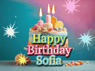 Happy Birthday Sofia GIF: A colorful animated Happy Birthday Cake GIF with swirling sparkles and flickering candles. It reads Happy Birthday Name