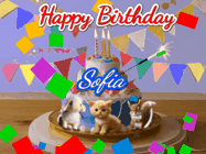 Happy Birthday Sofia GIF: Happy Birthday Cake GIF with a cat, lamb, and squirrel on the cake with flickering candles, a sparkler, and falling confetti. Reads Happy Birthday Name and you can customize the name