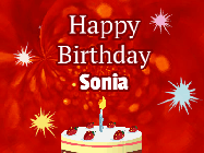 Happy Birthday Sonia GIF: A bright red happy birthday gif animated with a cake candle, and glitter and sparkles. Customize with name.