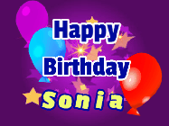 Happy Birthday Sonia GIF: A lovely purple birthday gif animated with moving text, a balloon, and bubbles. Customize it.