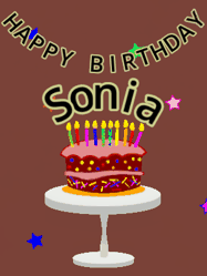Happy Birthday Sonia GIF: Animated birthday gif of a chocolate cartoon cake and stars. Animated text can be customized with name.