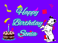 Happy Birthday Sonia GIF: Silly happy birthday gif with a cute dog in a corner and rainbow animation confetti. Birthday cake in order with candle.