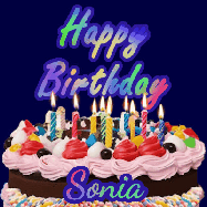 Happy Birthday Sonia GIF: A dark blue birthday gif with a beautiful cake with flickering candles, background sparkles and a name to customize.