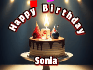 Happy Birthday Sonia GIF: Animated happy birthday gif with a cake and flickering candles with colorful falling confetti and text reading Happy Birthday